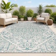 JONATHAN Y Boho Medallion Indoor Outdoor Area Rug 3X5 Teal/Gray, Estrella Textured Weave for Backyard, Patio, Porch, Easy-Cleaning, High Traffic, Pet-Friendly, Non-Shedding (SMB105C-3)