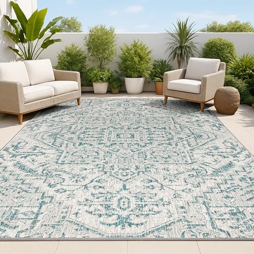 JONATHAN Y Boho Medallion Indoor Outdoor Area Rug 3X5 Teal/Gray, Estrella Textured Weave for Backyard, Patio, Porch, Easy-Cleaning, High Traffic, Pet-Friendly, Non-Shedding (SMB105C-3)