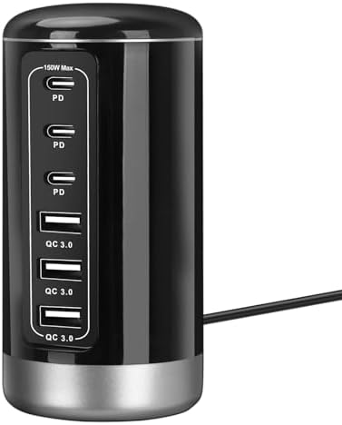 EGK USB Tower Fast Charging Station 6-Port 150W – Compact, Space-Saving Design with Multiple USB-C Ports for All Series iPhone Galaxy Note Pixel iPad Multiple Devices