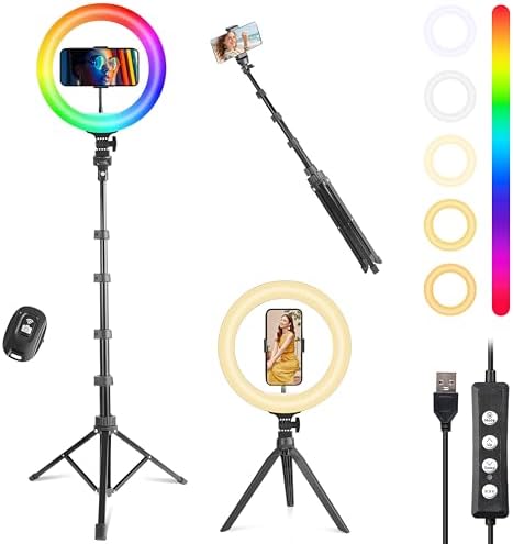 UEGOGO 10” Ring Light with 72” Tripod Stand & Phone Holder，38 Color Modes Dimmable LED Ringlight for Live Stream, YouTube,Makeup,TikTok