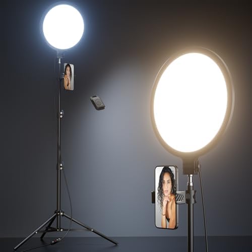 10.2″ Ring Light with 69″ Tripod Stand and Phone Holder Kit, Full-Screen Zoom Light for Video Recording, Makeup, Live Stream, Dimmable LED Selfie Ring Light Tripod for iPhone with Remote