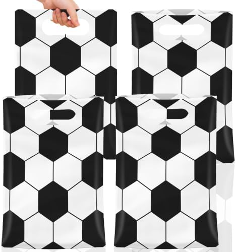 Litmitfu 50 Pcs Soccer Goodie Bags with Handles – Plastic Soccer Goody Candy Snack Birthday Party Treat Bag, Soccer Gift Bags for Soccer Themed Party Decorations Supplies Favors