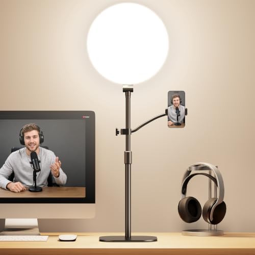 10″ Full-Panel Desk Ring Light with Stand & Flexible Phone Holder, 24W 1100LM Light for Video Recording, 5 Color Modes up to 6500K, CRI 95+ for Computer, Podcast, Streaming, Zoom & Video Calls