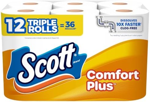 Scott ComfortPlus Toilet Paper, 12 Triple Rolls, 231 Sheets per Roll, Septic-Safe, 1-Ply Toilet Tissue