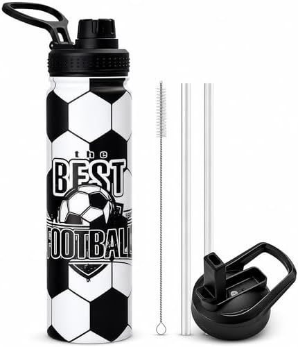 Soccer Water Bottle, 24 oz Insulated Stainless Steel Sports Bottle with Straw, Soccer Stuff Gifts for Boys