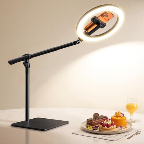 LUXSURE 10″ Overhead Ring Light for Desk with Weighted Base, Freestanding Telescopic Phone Mount, Phone Stand with Light & Remote for Video Recording, Cooking, Crafts, Live Streaming