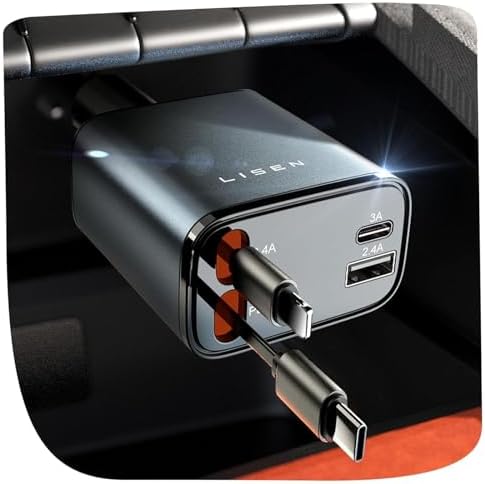 LISEN Retractable Car Charger, 84W Car Charger USB C Fast Charge, 4 in 1
