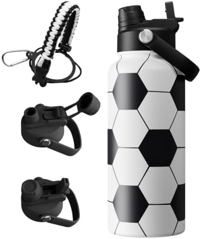 32oz Soccer Insulated Water Bottle 24H Cold with 2-in-1 Straw and Spout Lid