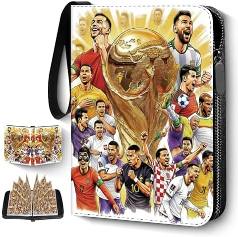 Soccer Card Binder 9 Pocket,Trading Card Binder Fits 900 Cards with 50 Removable Sleeves,Waterproof PU Leather 3-Ring Zipper Card Organizer,Portable Card Holder for Football Fans ＆ Collectors