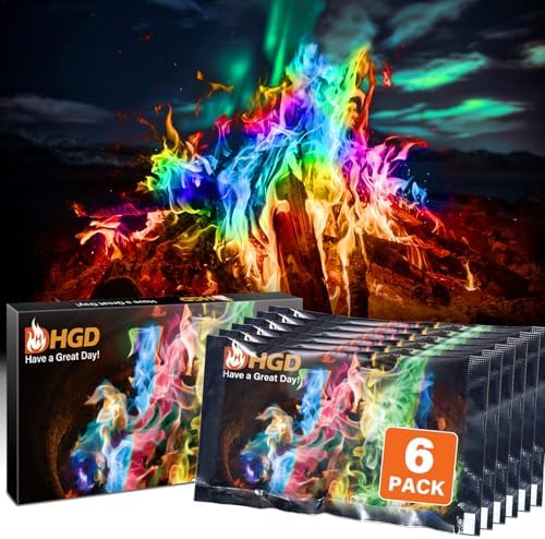 HGD (6 Pack) Magic Campfire Fire Color Changing Packets for Fire Pit, Indoor/Outdoor Fireplace, Bonfire – Rainbow Magical Flame, Camping Accessory, Compatible with Wood