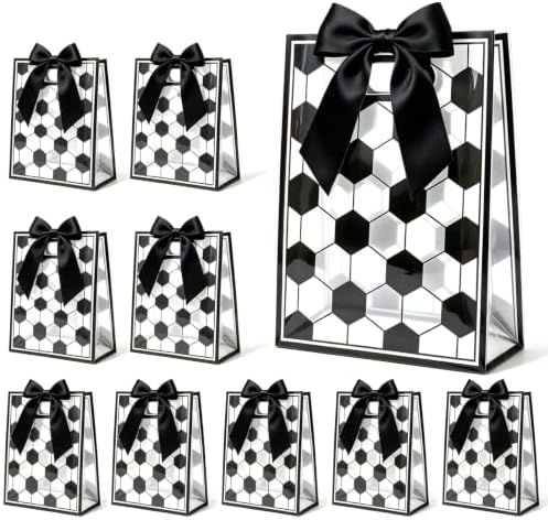 SZJINGCAI 12 Pcs Soccer Clear Goodie Bag with Die Cut Handles and Ribbons Soccer Theme Party Favor Bags for Team Snack Gifts Wrapping Birthday Sport Party Treats Supplies 7 x 10 x 3.15 Inch