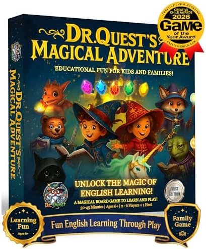 Dr. Quest’s Magical Adventure–Educational Board Game for Kids Ages 6-9 – Spelling & Grammar Learning Game for Early Elementary | 180 Questions | Screen-Free Homeschool & Family Game | 2-6 Players