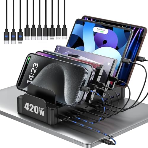 420W 10-Port Fast USB Charging Station for Multiple Devices, Black