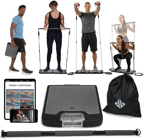 EVO Gym – Portable Home Gym Strength Training Equipment, At Home Gym | All in One Gym – Resistance Bands, Base Holds Gym Bar & Handles for Travel | Portable Gym & Home Exercise Equipment