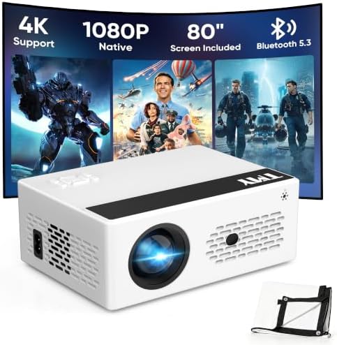 TMY Native 1080P Mini Portable Projector, 2-way Bluetooth, with 80in Screen