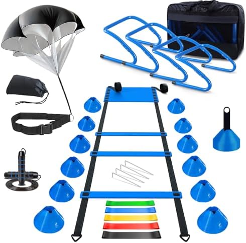 Agility Training Equipment, Football Training Equipment Includes 20FT Agility Ladder,4 Adjustable Agility Hurdles, 12 Football Cones, Parachute, for Training Soccer Basketball Athletes