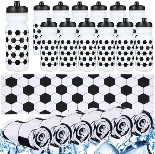 HunnmingRe 24 Pcs Sport Party Favors Include 12 Pcs 20 oz Plastic Soccer Football Basketball Water Bottles Bulk 12 Pcs 40″x12″ Softball Baseball Cooling Towels for Soccer Sport Team Gift