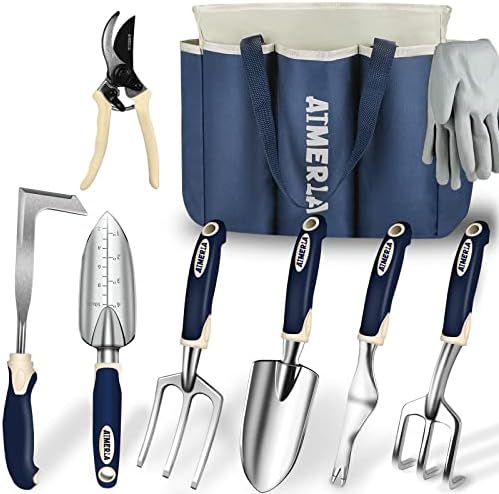 Gardening Tools Set of 9 Heavy Duty Garden Tools with Non-Slip Rubber Grip with Large Garden Bag, Durable for Garden, Weeding, Gifts for Women,Men