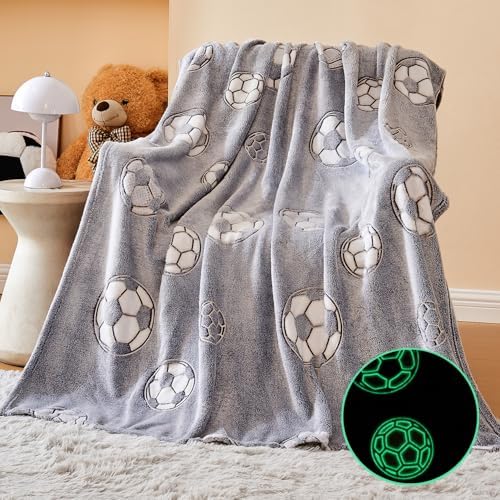 Wajade Soccer Gifts Toys for Boys Girls – Glow in The Dark Soccer Blanket Birthday Christmas Decor for Kids Age 3 4 5 6 7 8 9 10 11 12 Years Old Teens Child Toddler Throw Light Grey 50″x60″