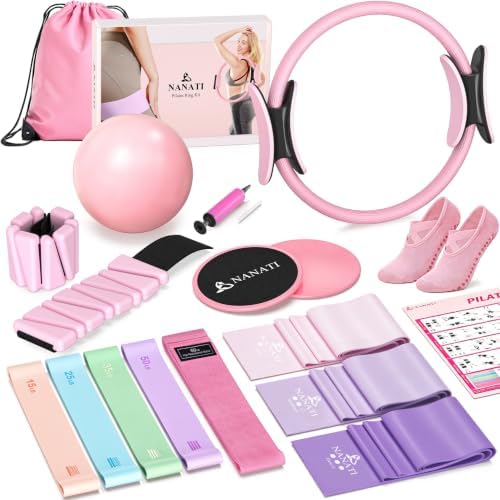 Pilates Kit, Home Pilates Workout Kit for Women, Pilates Equipment with 14.5″” Pilates Ring and Ball, Resistance Bands, Ankle Weights, Sliders & Grip Socks for Home Workouts