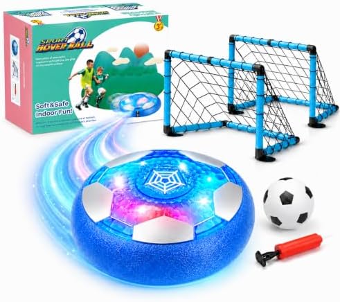 Hover Soccer Ball Set with 2 Portable Goals, LED Light-Up Indoor Soccer Toy with Soft Foam Bumper, Mini Soccer Ball and Pump for Kids and Family Play