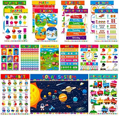 Gethelud 17 Packs Educational Poster, PET Film Covered Preschool Learning Tools for Nursery Kindergarten Toddlers